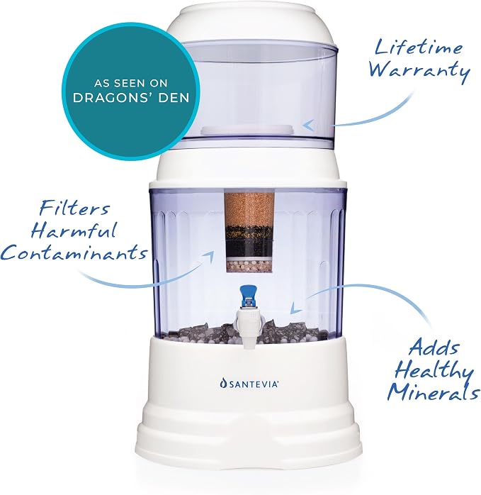 Santevia Gravity Water System Filter | at Home Water Filter That Makes Water Alkaline and Adds Minerals | Chlorine and Fluoride Filter (Countertop Model)