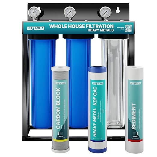 Nu Aqua 3-Stage Main Line Heavy Metal Whole House Water Filter System (20” x 4.5”) | Reduce Heavy Metals, Chlorine, Odors | Sediment, Heavy Metal KFD GAC, Carbon Block Filtration - Home Filtration