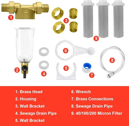 Spin Down Sediment Filter, 40/100/200 Micron Inline Water Filter | For Well Water, Whole House Prefilter Filtration System, Lead-Free Brass, 1" MNPT 3/4" FNPT 3/4" MNPT