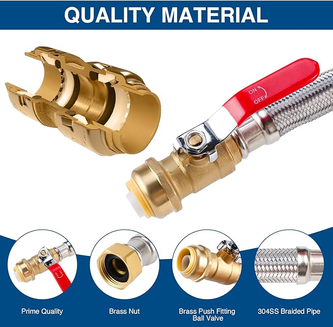 Heavy Duty 24" Braided Stainless Steel Hot Water Heater Hose – 3/4 Inch FIP x 3/4 Inch Ball Valve, Push-to-Connect Brass Fitting