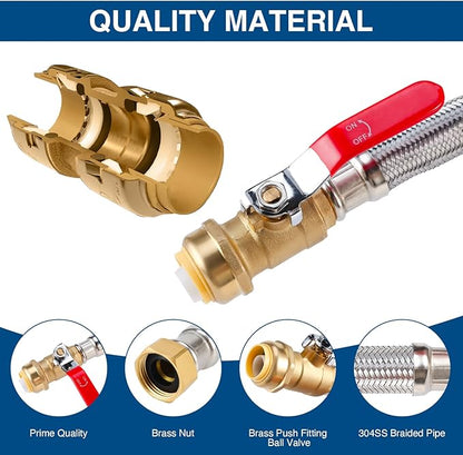 Heavy Duty 24" Braided Stainless Steel Hot Water Heater Hose – 3/4 Inch FIP x 3/4 Inch Ball Valve, Push-to-Connect Brass Fitting