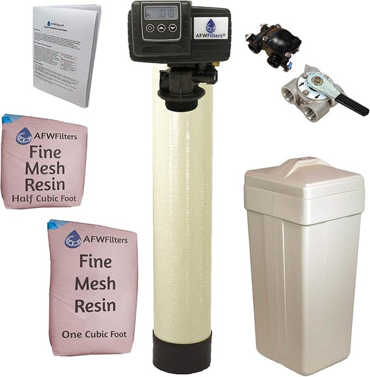 AFWFilters 1.5 Cubic Foot (48k) Whole Home Iron Pro Water Softener with Fine Mesh Resin, 3/4" Stainless Steel FNPT Connection, and Almond Tanks