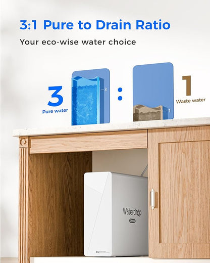Waterdrop X12-WCS RO Water Filter, NSF/ANSI 42&58&372 Certified, 1200 GPD Undersink Reverse Osmosis System, 10-Stage Filtration, 3:1 Pure to Drain, Smart Faucet, BPA Free, [ NO Minerals Added ]