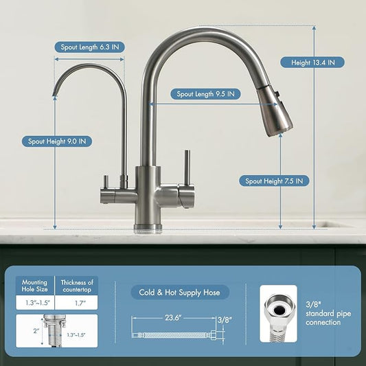 GIMILI Black Stainless 3 in 1 Kitchen Faucet with Under Sink Water Filter System, Reduces Lead, Chlorine, Bad Taste & Odor, Kitchen Sink Faucet with Drinking Water Faucet