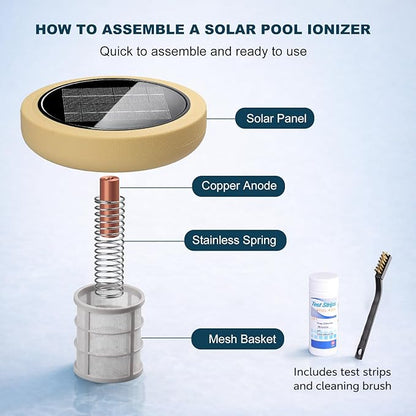 Solar Pool Ionizer for Above Ground, Solar Powered Floating Copper Purifier, Reduce Chlorine 85%, Up to 45,000 Gallons, Swimming Pools Water Cleaner for In-ground Pools and Spas (Yellow)