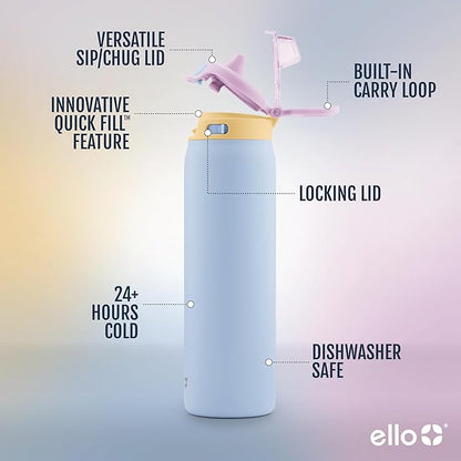 Ello Pop & Fill 22oz Stainless Steel Water Bottle with Quick Fill Technology, Double Walled and Vacuum Insulated Metal, Leak Proof Locking Lid, Sip and Chug, Reusable, BPA Free, Coastal Sunrise