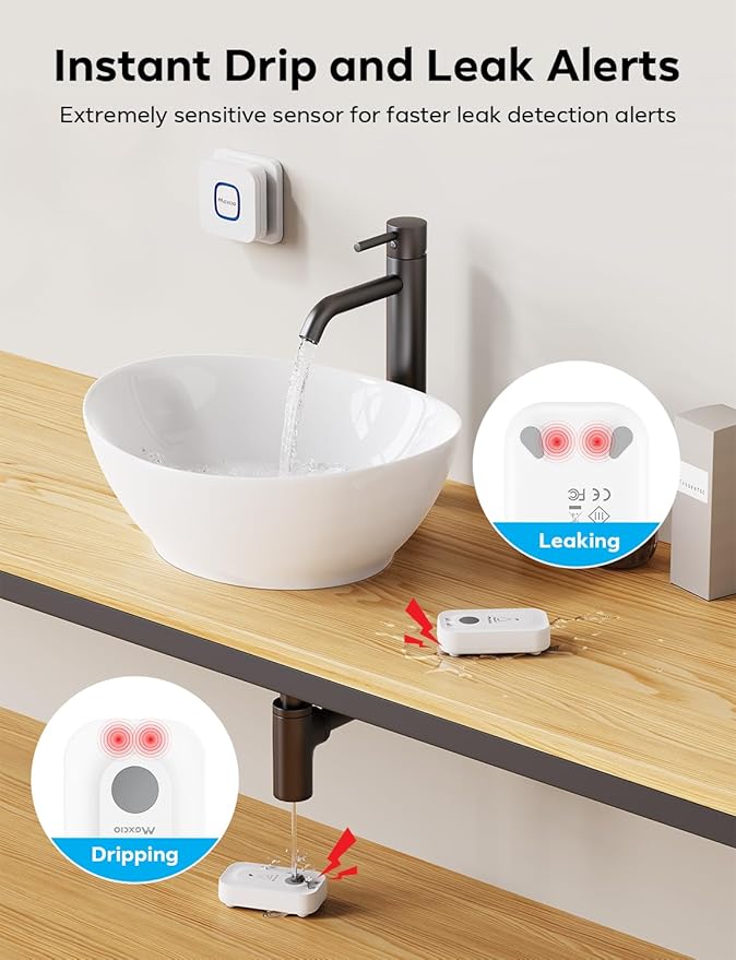 MAXCIO Wi-Fi Water Leak Detector 4 Pack, Smart Water Wireless Sensor with 110dB Adjustable Alarm, APP, SMS, Phone Notifications, 1640ft Transmission Range, Suitable for Basement, Bathroom, and Kitchen
