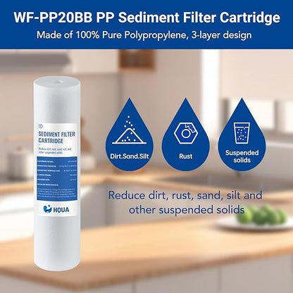 HQUA Whole House Sediment Replacement Filter Cartridge, WF-PP20BB, Fit for WF3 Series, material: PP, polypropylene, 5 Micron