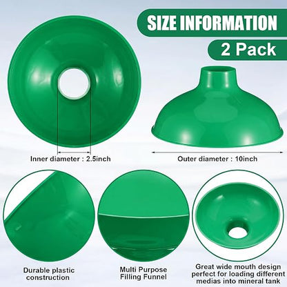 Vesici 2 Pack Extra Large Wide Mouth Funnel 2.5" x 10" Multi Purpose Filling Funnel Plastic Reusable for Water Softener Resin Tanks Carbon Media Jar Filling Use (Green)