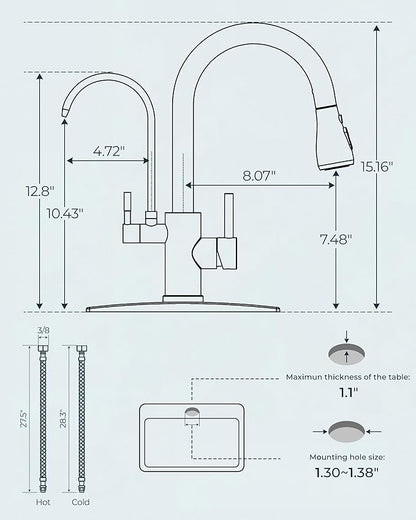 FORIOUS Kitchen Faucets with Water Filter, 2 in 1 Stainless Steel Pull Down Sink Faucet and Purified Water Faucet Rustic High Arc Single Handle with Detachable Deck for 1 or 3 Hole, Brushed Nickel