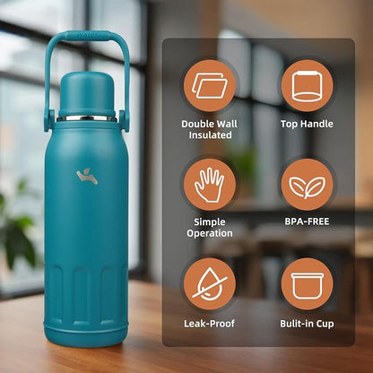 Konokyo Insulated Water Bottle with Handle and Strap,Vacuum Travel Tumbler with Cup Lid,Thermo Coffee Cup for Hot Cold Drinks 50 OZ,Lake Blue
