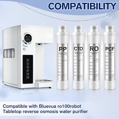 4 Pack Water Filter Replacement Compatible with Bluevua RO100ROPOT, Water Filters Set, 1 PP, 1 CTO, 1 RO, 1 PCF, Improved Drink Quality, Easy to Replace for Household Daily Use