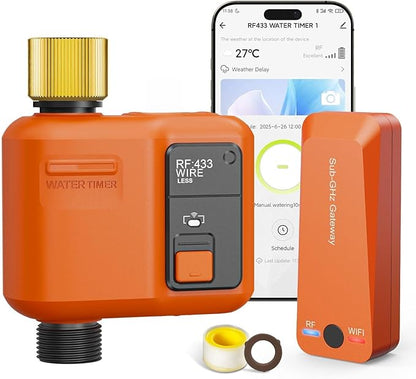 WiFi Water Timer for Garden Hose, Smart Sprinkler Timer with 984ft Long Range, Strong Wall Penetration, APP & Remote Control, Voice Control, Rain Delay, Manual Mode, Watering System for Yard & Lawn