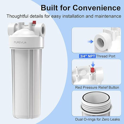 PFW10 Whole House Water Filter Housing, Fits 10” x 2.5” Big Filters, Inline Pre-Filtration System for RV, Home Well and City Water Sediment etc with 3/4" NPT Port, Pressure Relief Valve