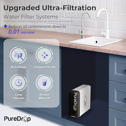 PureDrop PDR-3CUW 0.01μm Ultra-Filtration Under Sink Water Filter System, SGS-Tested Tankless 3-Stage Compact Undersink Water Filtration with Faucet, Removes Chlorine, Bad Taste & Odor, No Waste Water