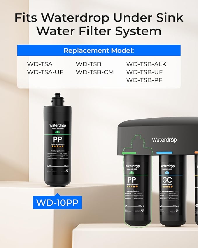 Waterdrop WD-10PP Water Filter Replacement for Waterdrop TSA & TSB & TSA-UF & TSB-ALK & TSB-CM 3-stage Under Sink Water Filter System, 6 months, 1 Pack