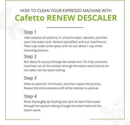 verybarista Renew Descaler (6 x 25g sachets). Designed for espresso machines, boilers and coffee brewers. Safe to use on aluminium, brass and stainless steel
