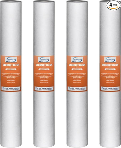iSpring FP25X4 High Capacity 20” x 2.5” Water Replacement Cartridges Fine Sediment Filter, 5 Micron, 4 pieces, White, 4 Piece