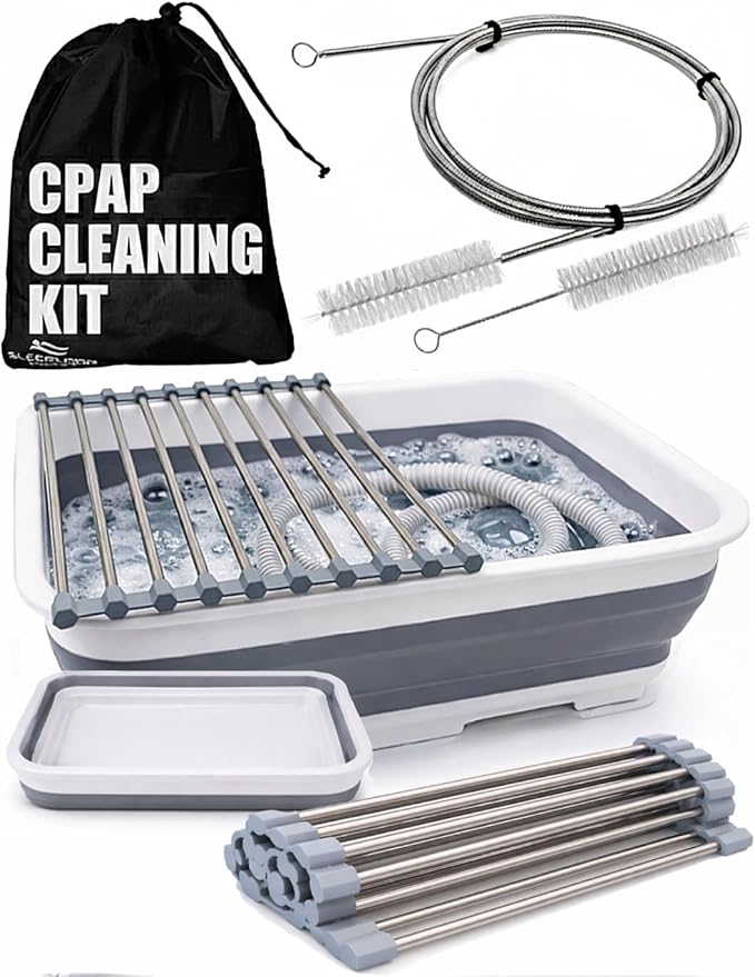 Drying Rack CPAP Cleaning Kit with Collapsible Wash Basin, Cleaning Brush & Drying Rack – CPAP Hose & Mask Cleaner Set – Grey | with Drying Rack