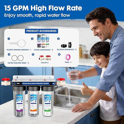 3-Stage Whole House Water Filter System with 9 Filters, 0.5 Micron | Reduce Chlorine,Sediment,Odors for Cleaner Drinking,Cooking,Bath,Easy Filter Changes,Includes 1.5-2 Yrs of Filters,3/4" Ports