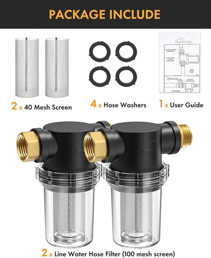 Twinkle Star 2 Pcs Garden Hose Filter, Inline Water Hose Filter | 100 Mesh and 40 Mesh Screen, Garden Hose Water Filter, Pressure Washer Inlet, For RV Camping Car Wash