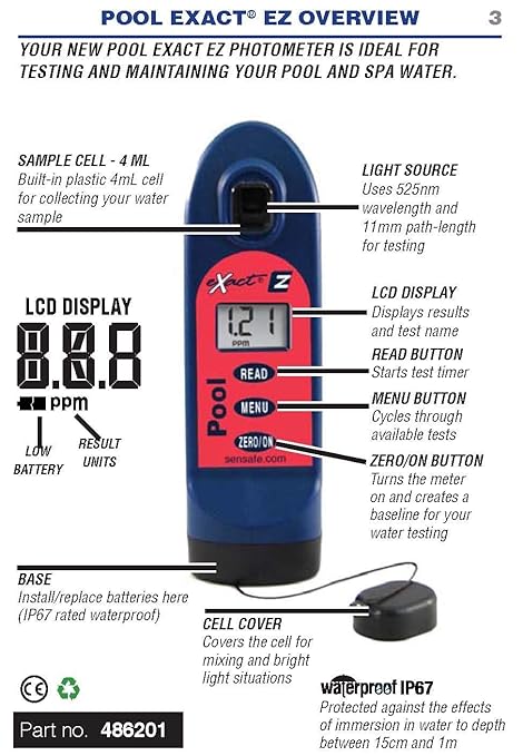 486201-K Exact® Pool EZ Photometer Starter Kit | 10 Parameters - F/C/T Chlorine, pH, Alkalinity, Calcium, Cyanuric, Copper, Salt, & Phosphate | 25 Tests Ea. w/o PO4, Cu, NaCl | NSF Certified