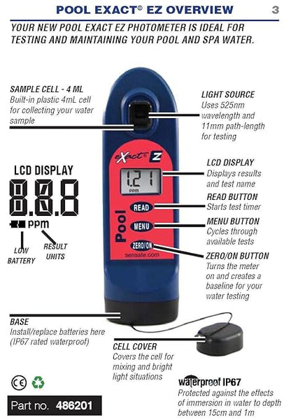 486201-K Exact® Pool EZ Photometer Starter Kit | 10 Parameters - F/C/T Chlorine, pH, Alkalinity, Calcium, Cyanuric, Copper, Salt, & Phosphate | 25 Tests Ea. w/o PO4, Cu, NaCl | NSF Certified