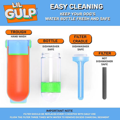 Lil Gulp Dog Water Bottle 15 Fl oz Filtered Portable Travel Bottle (Blue) | Advanced Carbon Filtration for Safe Filtered Water on the Go, BPA-Free, Leak-Proof, Retractable Spout, Walks, Hiking, Camping