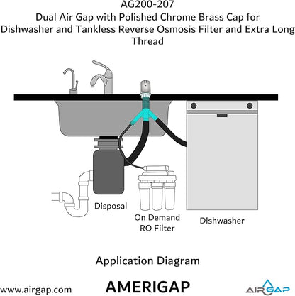 Dual Air Gap with Polished Chrome Brass Cap for Dishwasher and Tankless Reverse Osmosis Filter and Extra Long Thread (AG200-207, AG200-X07, AMERIGAP)