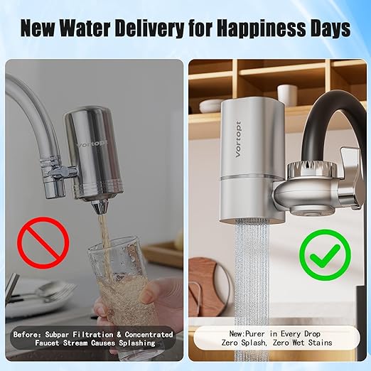 Vortopt Faucet Filter,NSF Certified,400 Gallon High Efficiency Water Purification System, Fast 99% Chlorine & Odor Removal,Modern Simple Silver with 1 Water Filter（T1-Silver）
