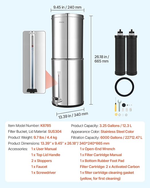 VEVOR Gravity-fed Water Filter System, 3.25G 304 Stainless-Steel Countertop Water Filtration System, Reduces Lead and up to 99% of Chlorine, with 2 Carbon Filters, Water Level Spigot, for Home Camping
