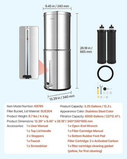 VEVOR Gravity-fed Water Filter System, 3.25G 304 Stainless-Steel Countertop Water Filtration System, Reduces Lead and up to 99% of Chlorine, with 2 Carbon Filters, Water Level Spigot, for Home Camping