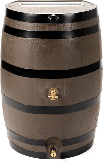 RTS Home Accents Polyethylene 50 Gallon Flat Back Dual Brass Spigot Rain Barrel, Woodgrain with Black Stripes Color