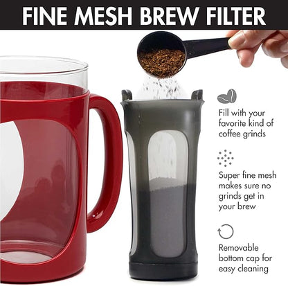 Primula Burke Deluxe Cold Brew Iced Coffee Maker, Comfort Grip Handle, Durable Glass Carafe, Removable Mesh Filter, Perfect 6 Cup Size, Dishwasher Safe, 1.6 qt, Red