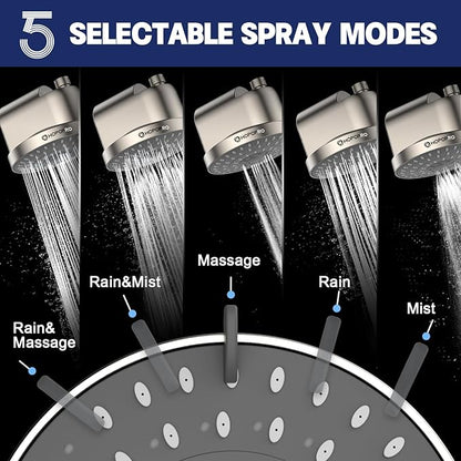 High Flow Filtered Shower Head, HOPOPRO 5 Modes High Pressure Fixed Showerhead with NSF Certified Filter Replacement Cartridge, Remove 99% Chlorine, Improves Skin Hair Condition (6 Inch Brushed)