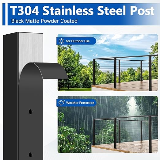 2Pack 36" T304 L-drilled Cable Railing Corner Posts(35"x2"x2") with Cable Grommets, Modular 90° Drilled Fixed Top Mount Heavy Duty Stainless Steel Black Finish for Wooden Concrete Deck Patio