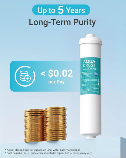 AQUA CREST INL-PLUS 5 Years Inline Water Filter for Ice Maker | High Capacity, 1/4-Inch Direct Connect Fittings, Easy Installation, Reduces Chlorine, Sediment, Bad Taste & Odor