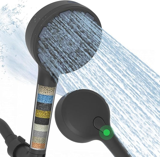 Black High Pressure Handheld Filtered Shower Head, 7 Spray Settings with Water Saving Pause Mode, for Hard Water Remove Chlorine Relieve Dry Skin, Universal Replaceable Filter