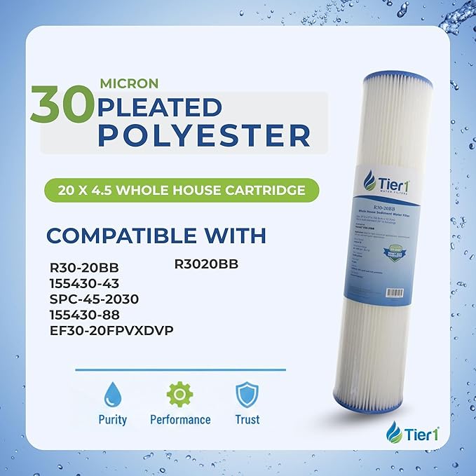 Tier1 30 Micron 20x4.5 Water Filter | Whole House Sediment Water Filter | Pleated Polyester Cartridge | Replacement for Pentek R30-20BB, 155430-43, SPC-45-2030 | High-Flow 4.5 x 20 Water Filter (6pk)