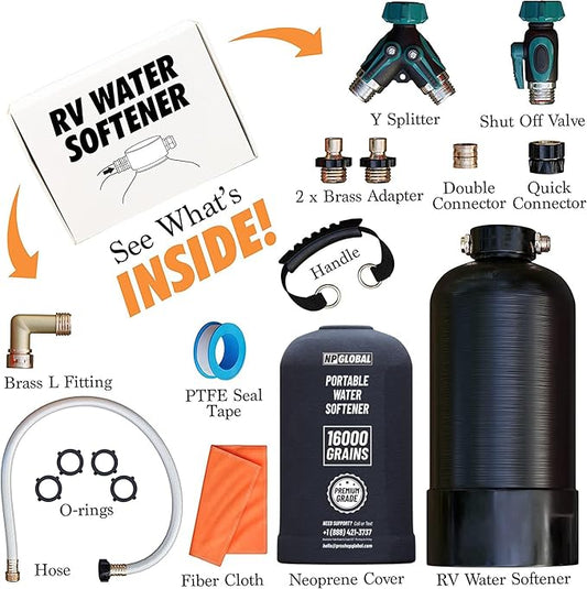 RV Water Softener Portable - 16,000 Grain, 3/4" GHT Fittings, Convenient Water Softener for RVs, Trailers, Boats, Mobile Car Washing, Pressure Washing