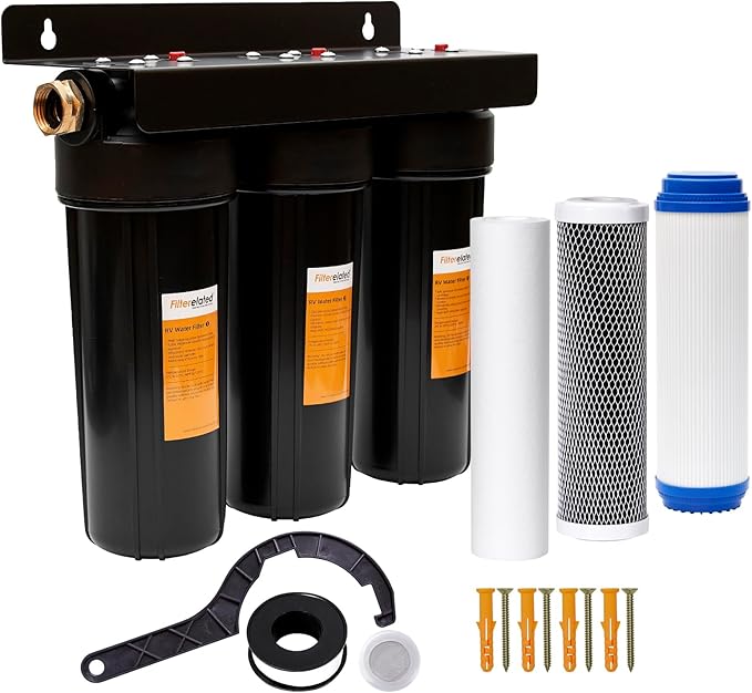 RV Water Filter System,Leak-Free Brass Fittings, Three Filters Included Reduces Sediment,rv Water Filter,Chlorine,Bad Taste and Odors,Suitable for RVs,Boats,Farming & Gardening