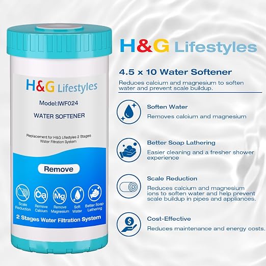 H&G Lifestyles Whole House Water Softener Filter Cartridge Replacement, Calcium Inhibitor Water Filter, Anti-Scale Filter, Fits Any Standard 10" x 4.5" Water Filter System