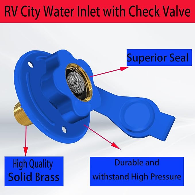 RV City Water Inlet with Check Valve, RV Water Inlet Replacement, 3/4 NH Female to 1/2 NPT Male Flange RV Fresh Water Inlet, RV Water Inlet with Dust Plug for RV Camper Motorhome, Blue