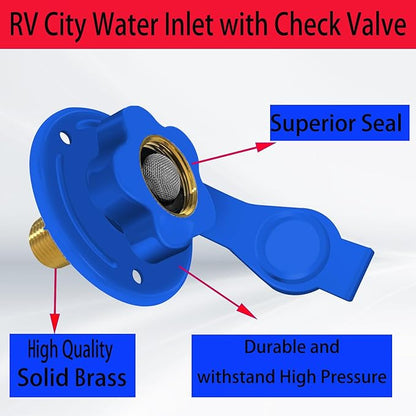 RV City Water Inlet with Check Valve, RV Water Inlet Replacement, 3/4 NH Female to 1/2 NPT Male Flange RV Fresh Water Inlet, RV Water Inlet with Dust Plug for RV Camper Motorhome, Blue