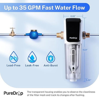 PureDrop PDR-ARB100WSP Spin Down Sediment Water Filter, Auto Flushing Module with Touch-Screen, Reusable Whole House Sediment Filter for Well Water w/Scraper, 100-Micron Prefilter Filtration System