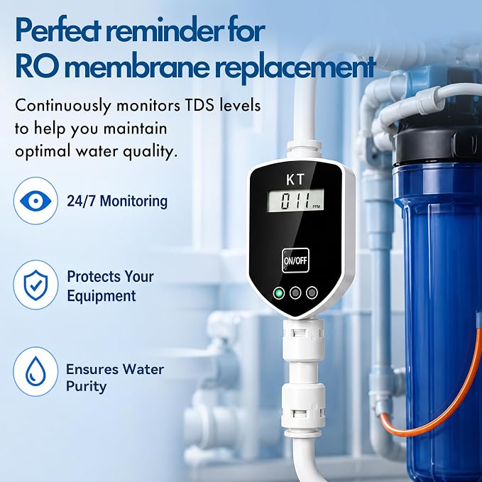 Inline TDS Water Quality Monitor,1/4"Quick Connect for Aquarium&RO | Inline TDS water quality monitor with 1/4" quick connect & 3-color indicator light. ±2% titanium sensor for RO & aquarium.
