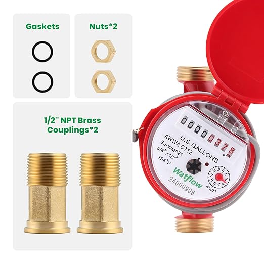 Watflow DN15 Water Meter 1/2" NPT, AWWA C712 Certification Gallon Water Flow Meter with Pulse Output, Cold and Hot Water Meter for Garden/Home/Apartment, Horizontal Install.