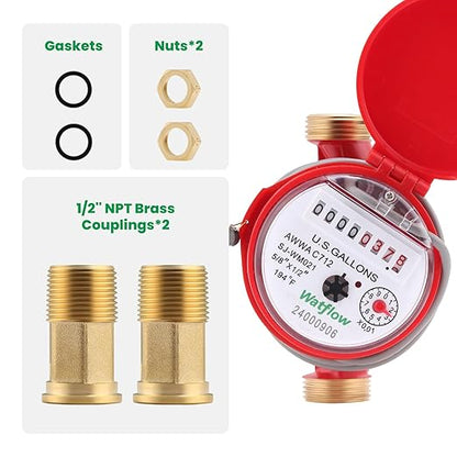 Watflow DN15 Water Meter 1/2" NPT, AWWA C712 Certification Gallon Water Flow Meter with Pulse Output, Cold and Hot Water Meter for Garden/Home/Apartment, Horizontal Install.
