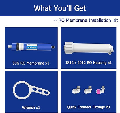 50 GPD RO Membrane filter Replacement with Reverse Osmosis Membrane Housing, Wrench, 1/4" Quick-Connect Fitting, Check Valve, Fit Under Sink RO Home Drinking Water Filter Filtration Purifier System