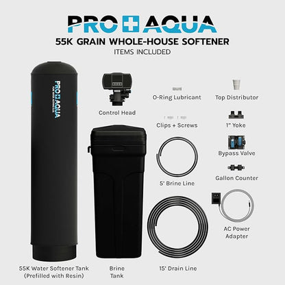 PRO+AQUA Heavy Duty Whole House Water Softener System – 55,000 Grain Capacity, Premium Long-Lasting Resin, 1" Ports